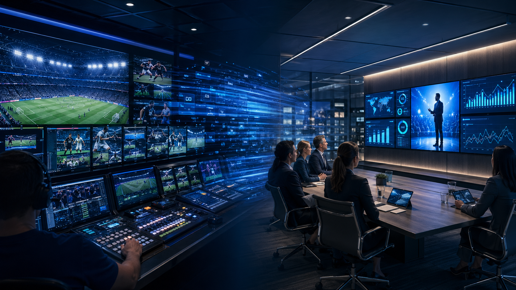 A visual blend of a sports broadcast control room and a corporate strategy room, showing how broadcast thinking informs business communication.
