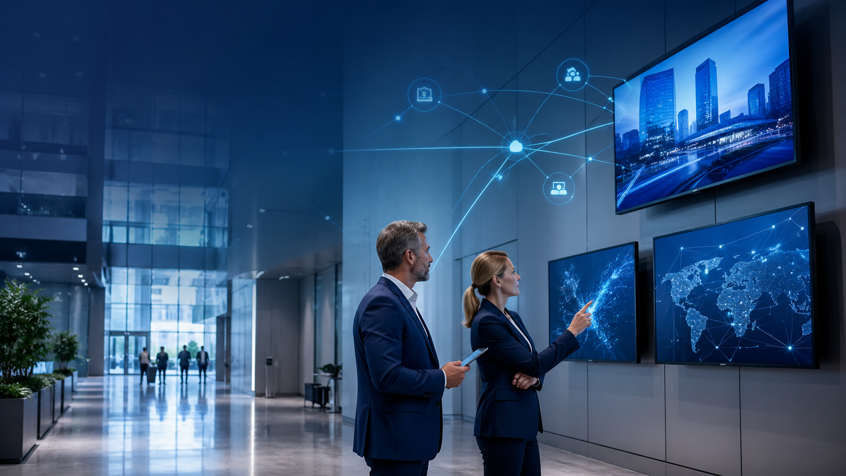 Business leaders reviewing digital signage and communication displays in a modern corporate facility.