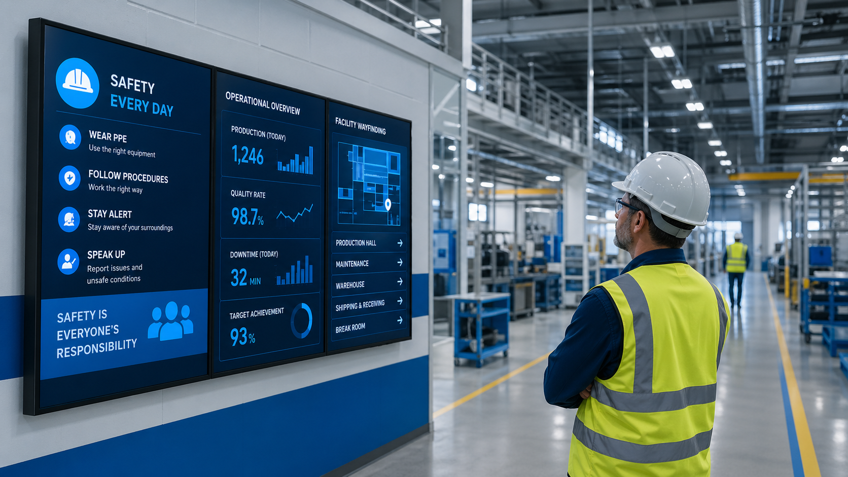 A manufacturing facility using digital signage for safety, operations dashboards, and wayfinding.